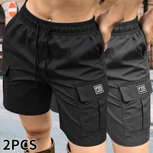 Set of 2 women’s casual cargo shorts featuring a drawstring elastic waistband, multifunctional pockets, solid color; suitable for outdoor sports, fitness, running, and casual wear; women’s casual cargo shorts, womenswear, summer shorts.