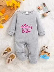 Newborn Spring Fall Long Sleeve Romper Bodysuit, Unisex Baby Onesie, Cute Auntie's Bestie Letter Print, Fitted Crawling, Baby Clothing