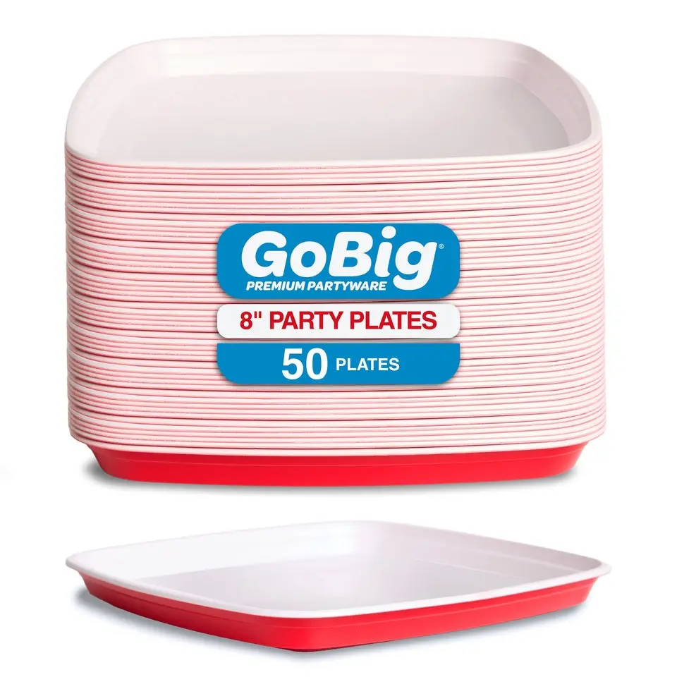 GoBig Red Plastic Disposable Plates - 50 Count 8 Inch - Square Heavy Duty Red Cup Party Plates