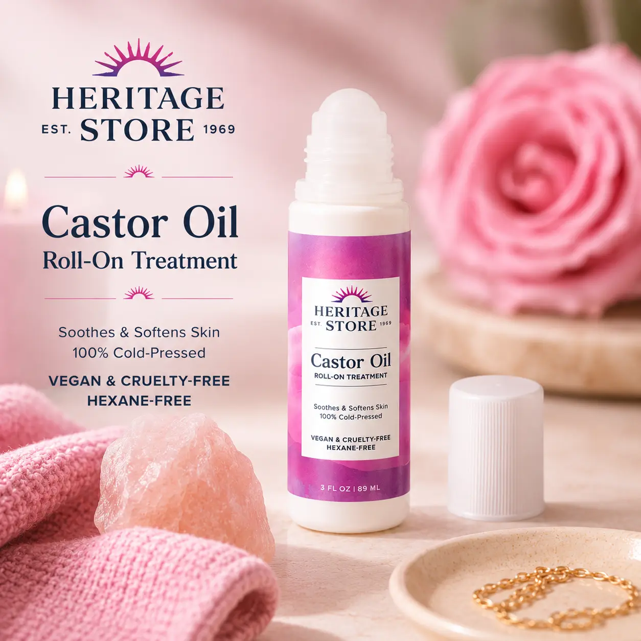 Heritage Castor Oil Roll-On — Spot/Eyelash/Brow Treatment — Cold-Pressed Organic Castor Oil — Travel-Friendly