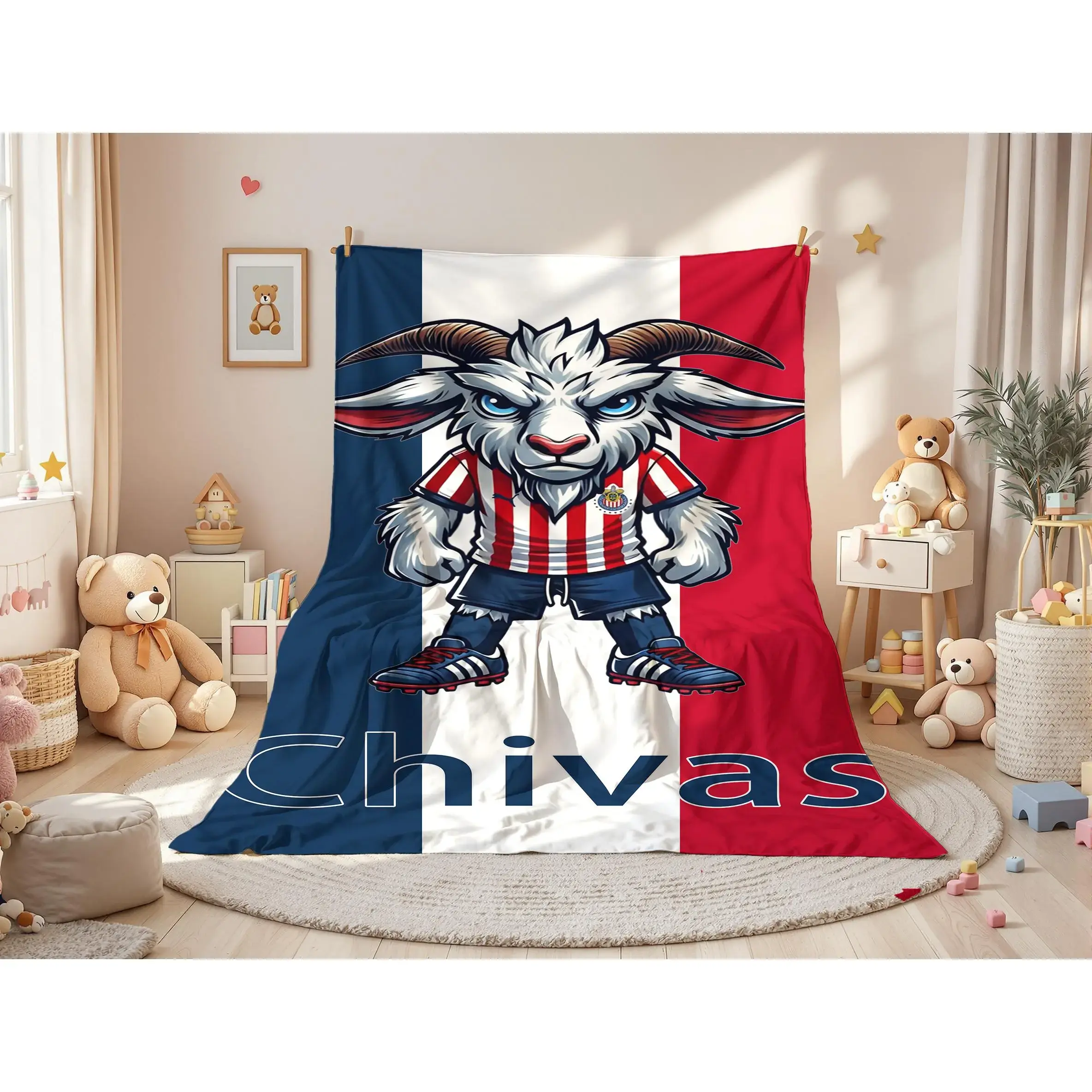 Chivas GOAT Mascot Cartoon Printed Blanket - Bold Goat in Chivas Striped Jersey, Red White Blue Background, Cozy 280GSM Throw for Soccer Fans, Decorative Sofa Bed Blanket, Decorative Sofa Blanket