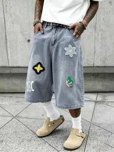 Men’s 3/4 loose denim shorts, hip-hop street style, chenille patch appliqué, wide-leg denim shorts, vintage black wash, over-the-knee length, casual skate shorts, unisex denim apparel.