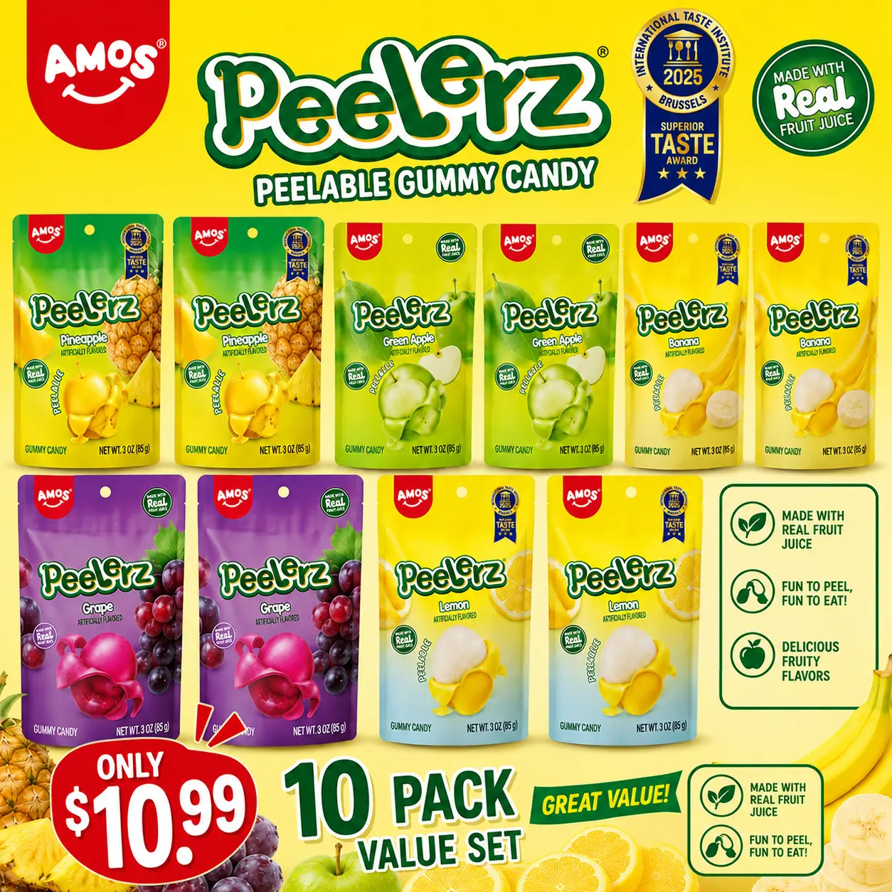 AMOS Peelerz Peelable Gummy Candy Variety Pack, 10 Bags, 5 Fruity Flavors, 2 Bags Each, Real Fruit Juice, Soft Chewy Fun Snacks, 3oz Each
