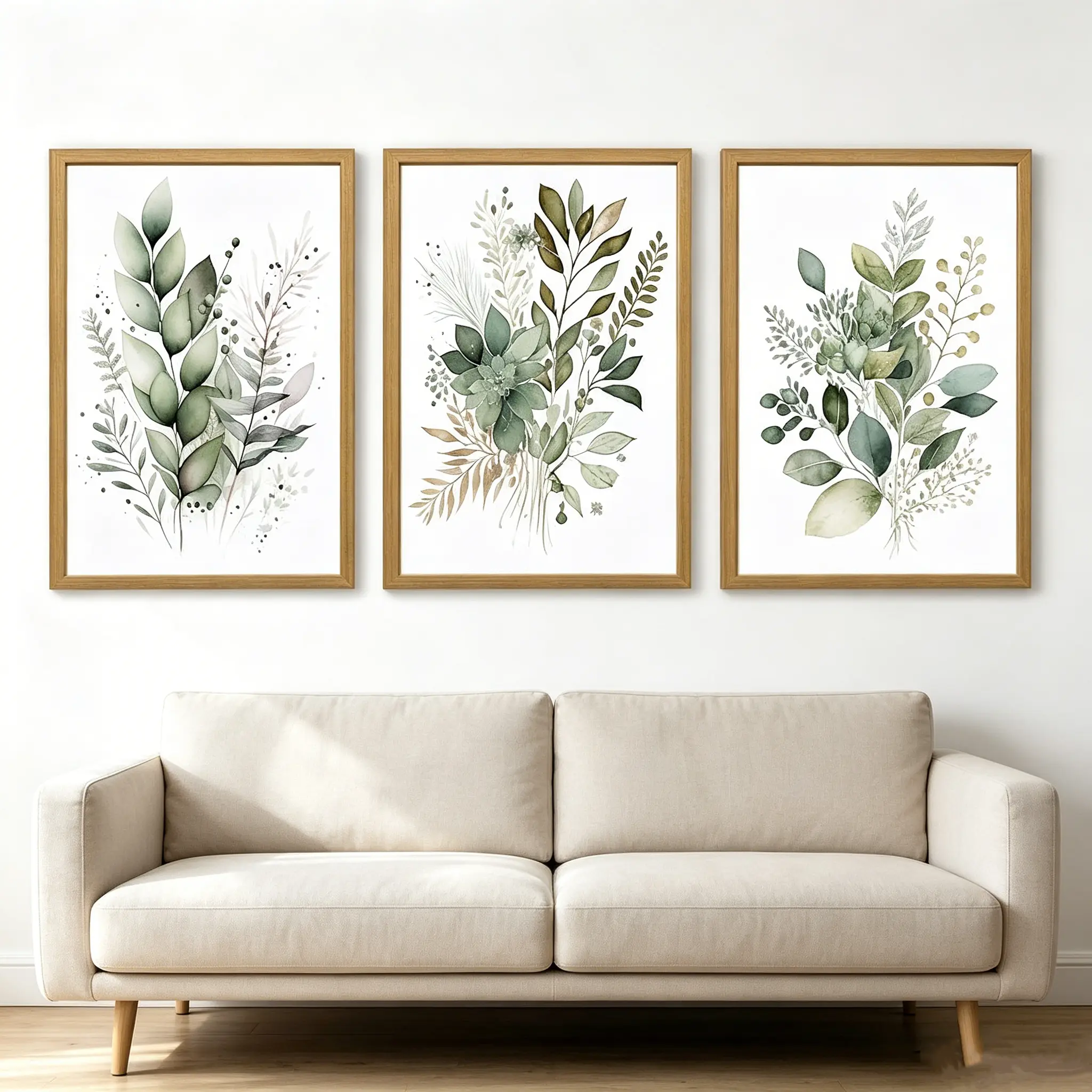 Framed Floral Botanical Print Set of 3, Sage Green Watercolor Eucalyptus Leaf Canvas Art, Nature Theme Plants Decor for Bedroom, Living Room Home Supplies