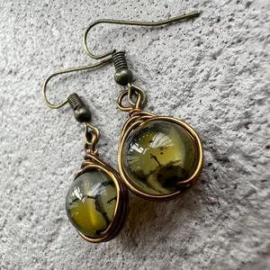 Bronze Wire Wrapped Dragon Agate Dangle Earrings, Crystal Earrings, Everyday Earrings, Dangle Earrings, Drop Earrings, Wire Wrapped Earrings