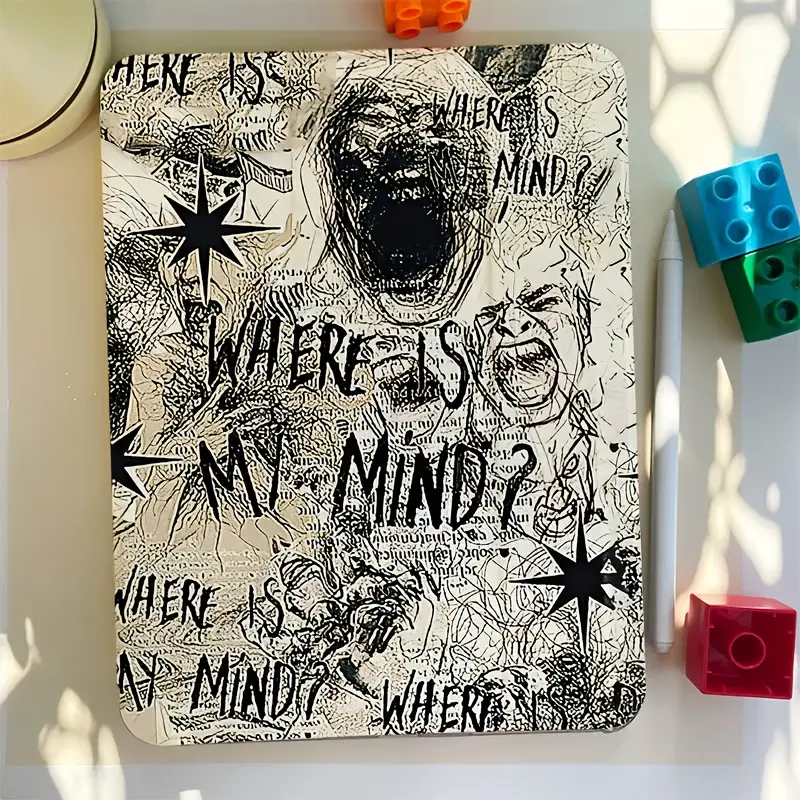 Abstract black graffiti case for iPad, compatible with iPad 9, iPad 10.2inch Cartoon Air5, features a side-mounted stand for the 2021 iPad 9, suitable for 10.9inch Pro 11/Air 4th/Air 5th with transparent anti-drop design, and various models from 1st to 8t