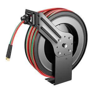 Retractable Welding Hose Reel 1/4 Inch X 100 Feet Twin Oxygen Acetylene Rubber Hose Max 300 PSI R Grade Heavy Duty Steel Auto-Rewind Ceiling Or Wall Mount For Workshops Garages And Industrial Shops