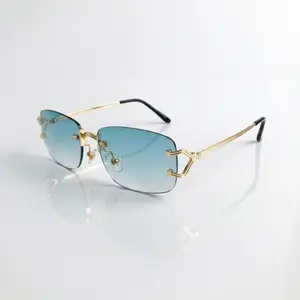 Luxury Rimless Gradient Blue Lens Sunglasses for Men & Women, Lightweight Metal Frame Designer Style Shades for Vacation