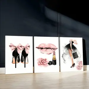 3pcs Glamorous Style Wall Art, Beauty Poster, Chic Fashion Art Prints, Trendy Design, Modern Home Decoration, Dopamine Decor, Wall Paintings, Cozy Canvas Posters Wall Arts, Decor for Living Room, Restaurant, Kitchen, Bedroom, Housewarming Gift, With Frame