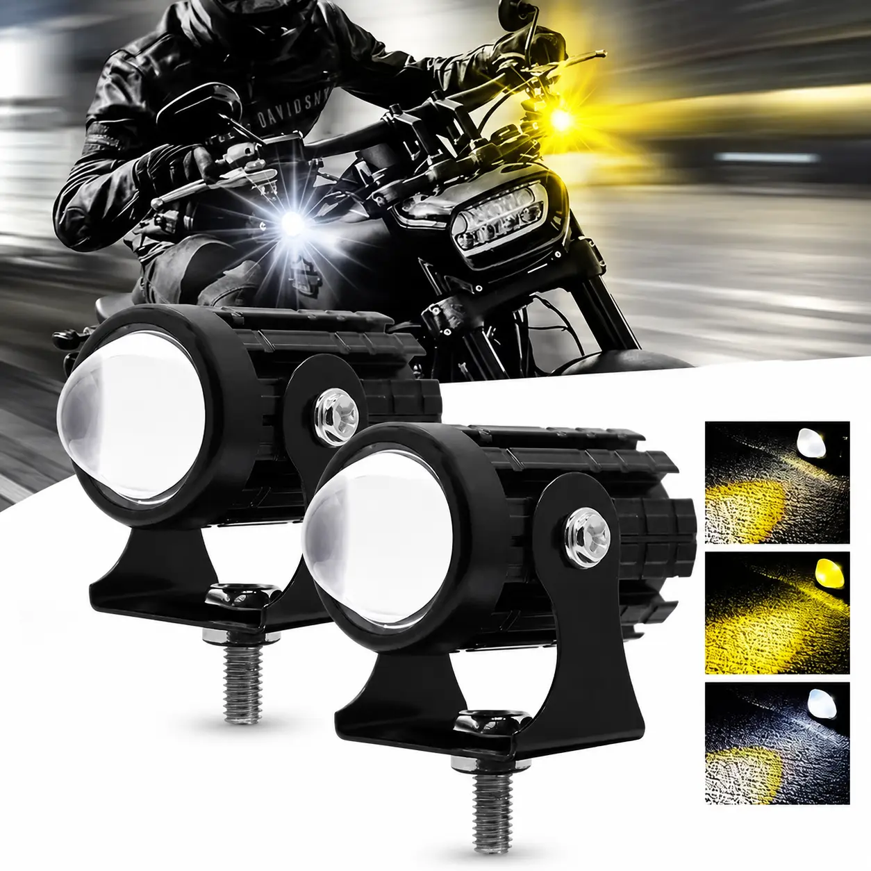 2-Pack Super Bright Motorcycle LED Auxiliary Lights - Color Changing Dual-Color Fog, Adjustable 8-80V Driving Lights with Aluminum Alloy Frame, Mount Bracket for Night Riding, DC Vehicles, Led Driving Lights