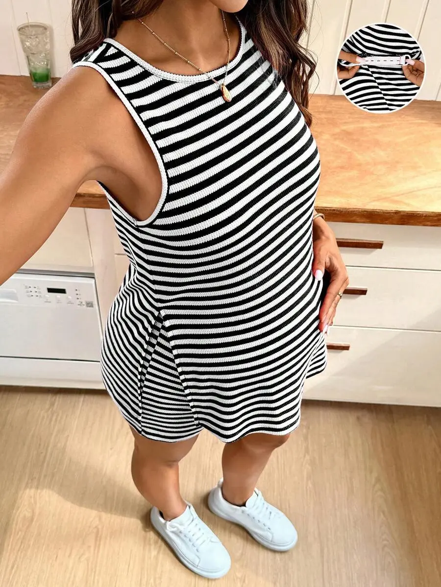 Maternity Striped Tank Top & Shorts 2 Pieces Set, Summer