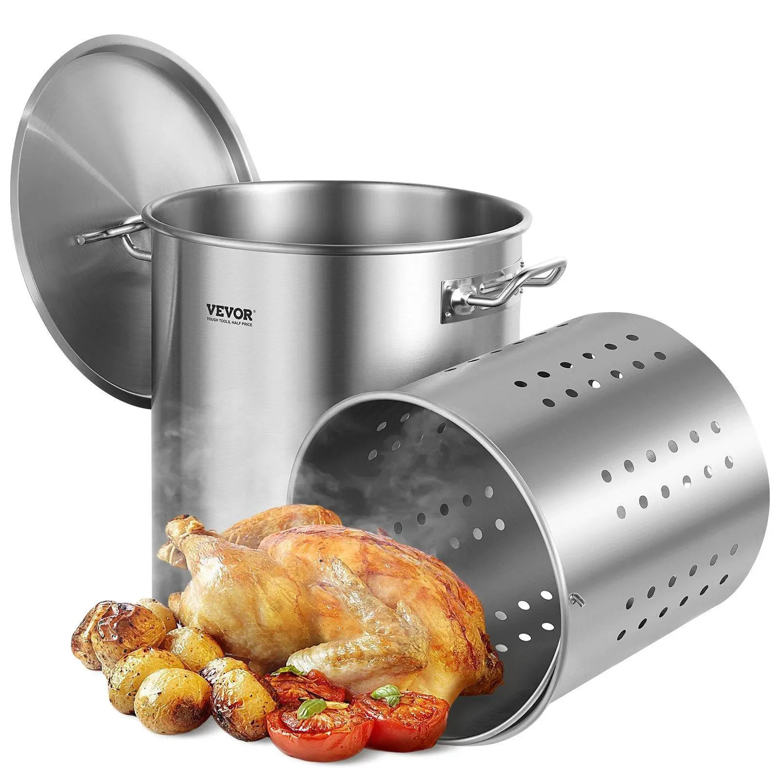 【Backtoschool】VEVOR Stainless Steel Stockpot, 42 Quart Large Cooking Pots, Cookware Sauce Pot with Strainer, Lid, and Handle, Heavy Duty Commercial Grade Stock Pot, Sanding Treatment, for Large Groups Events Silver