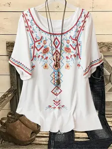 Elegant Casual Ethnic Print Women's Plus Size Round Neck Short Sleeve T-Shirt, Loose-Fitting Summer Top, Trendy Daily Wear
