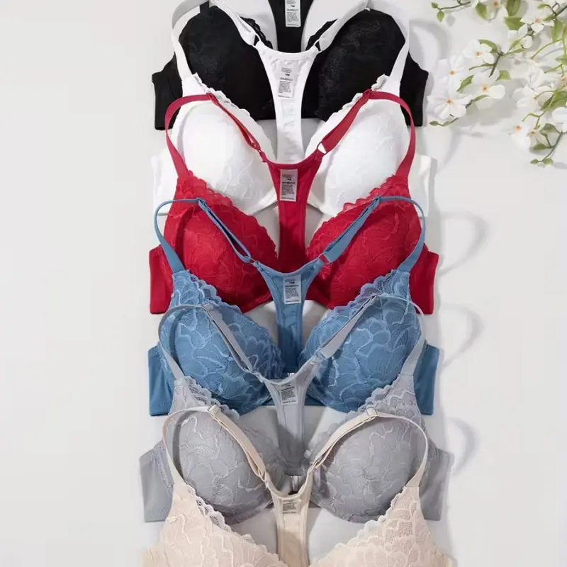 6pcs Women's Front Closure Push-Up Bras with UnderwireHigh Support & Non-Removable Padding - BreathableNylon Lace Trim Full-Coverage Lift Suitable