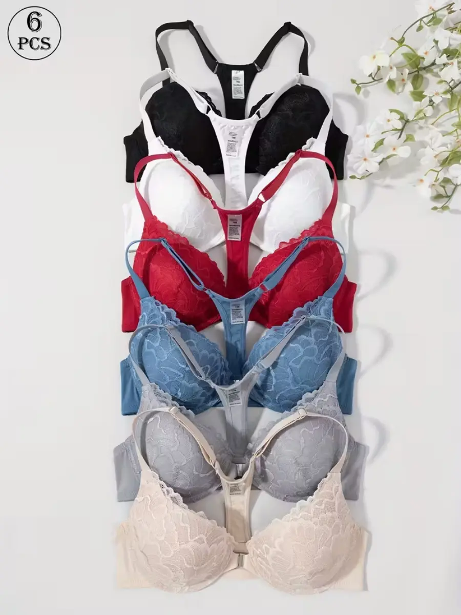 6pcs Women's Front Closure Push-Up Bras with UnderwireHigh Support & Non-Removable Padding - BreathableNylon Lace Trim Full-Coverage Lift Suitable