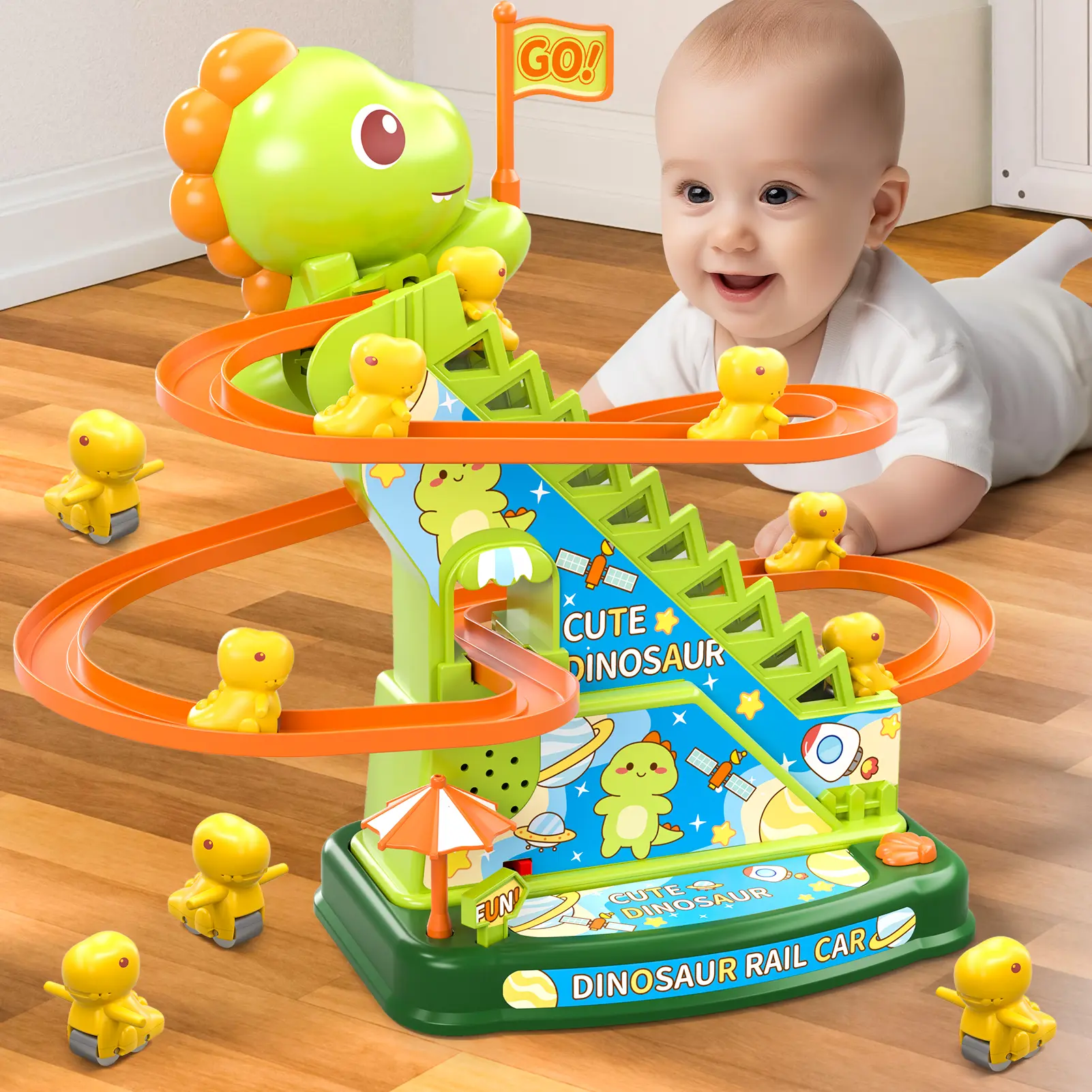 Kids Dinosaur Climbing Track Toy Set - 6 Climbing Cars Included,Automatic Stair-Climbing&Smooth Sliding Features,Anxiety Relief Interactive Playset for Kids (Stress Relief Classic Novelty Toy),,Premium Christmas Surprise Gift for Boys and Girls