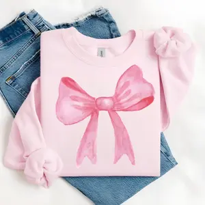 Coquette Aesthetic Pink Bow Sweatshirt - Long Sleeve Cotton Blend Crewneck Top for Women, Personalized Trendy Design, Casual Wear, Matching Drawcord Hood Fitted Everyday