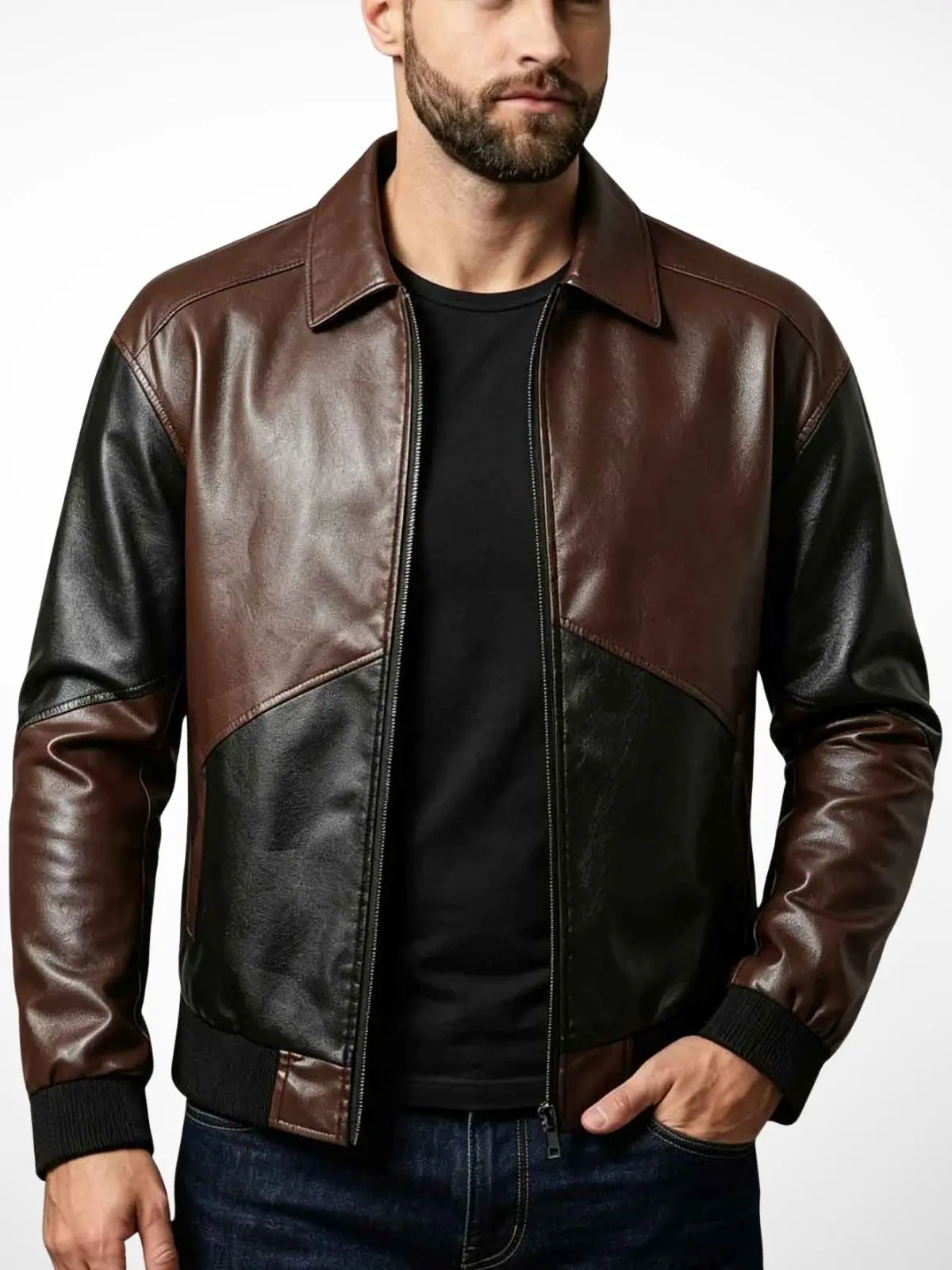 Men’s two-tone color-block leather aviator jacket with a turn-down collar and zipper closure, vintage casual outerwear top Classic Menswear