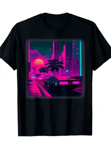 Synthwave Vaporwave 80s 90s Retro Neon Cyberpunk T-Shirt - Neon Pink & Cyan Graphic Print with Palm Trees & 80s 90s Cars - Soft Breathable 220gsm Heavyweight Crew Neck Tee - Unisex Vintage Gaming & 80s 90s Music Fan Apparel - Machine Washable Casual Retro