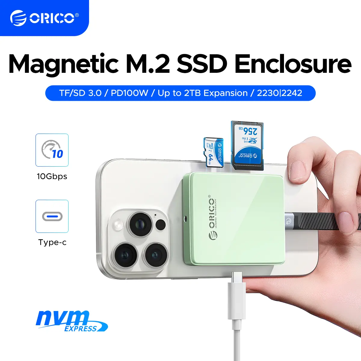 ORICO Magnetic M.2 2230/2242 NVMe SSD Enclosure for iPhone 4K ProRes Recording with SD/TF 3.0 Card Reader PD100W Charging Port, Support for iPhone 15/16/17 Series Laptop Tablet- Diskless AP42F (Black)