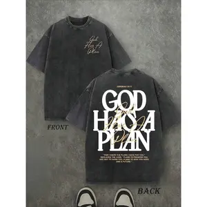 Jesus Tee God Has A Plan Graphic Tee Double-Sided Print Washed T-Shirt Holiday Gifts Y2K Men's Graphic Tees, Street - Style Vintage Washed T - Shirts, Cotton T - Shirts, 100% Pure Cotton, Unisex Graphic Tees  Halloween Back To School  Shirts