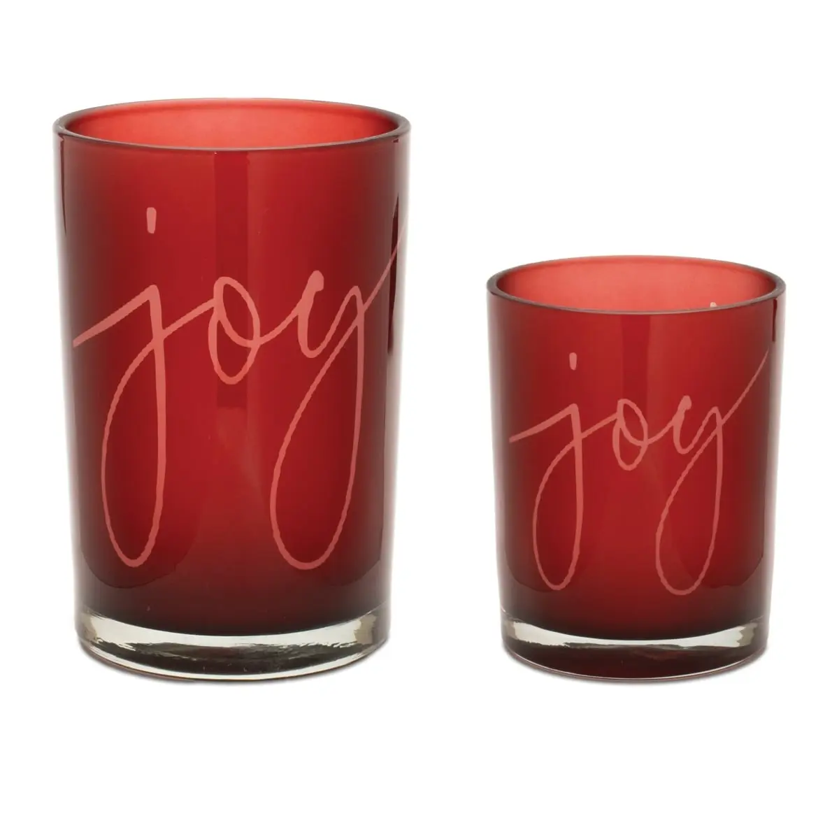 Melrose 94286DS 2-Piece Red Glass Pillar Candle Holder Set - 3.5 X 3.5 X 4.5 In. & 7 in, 360-Degree Stand for Pillar Votives, Heartwarming 'Joy' Message Home Decor Decoration, Indoor Holiday Accessory Supplies, Room Accent