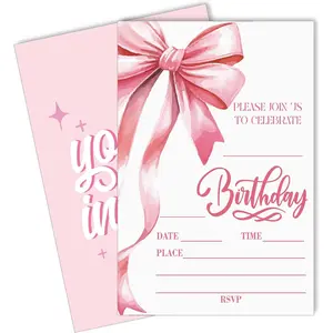 20 Pcs Pink Bow Birthday Party Invitation Cards with Envelopes (4''x 6'') for Girls Bday Shower Party Favors & Decorations