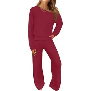 MEROKEETY Women's Fall Pajama Set Fuzzy Fleece 2 Piece Loungewear Off Shoulder Sweater Tops Wide Leg Pants Matching Outfits