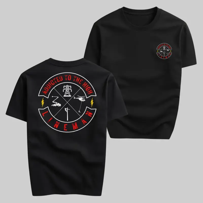 Addicted to the High Lineman Power Tower Helicopter Bucket Truck Graphic T-Shirt, Mens Black Heavyweight Cotton Workwear Tee with Large Back Print and Chest Logo Vintage Streetwear Style Unisex