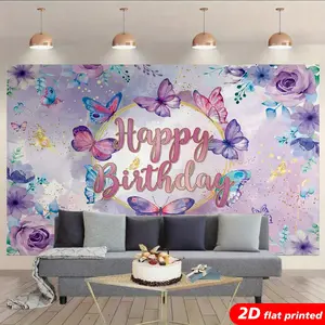 2D Flat-Printed Purple Rose-Butterfly Flower Tapestry Wall Hanging, Colorful Magical Birthday Backdrop for Women’s Party Photo Booth, Aesthetic Home Decor Gift