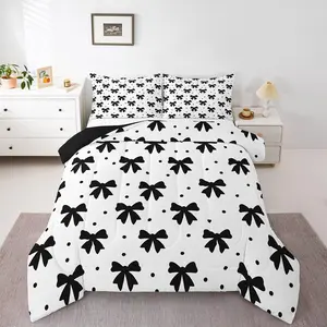 Black Bow Bedding Set Toddle Black Wave Dot Comforter Set for Kids Boys Girls Teens Black White Duvet Set Simple Fashion Quilt Set