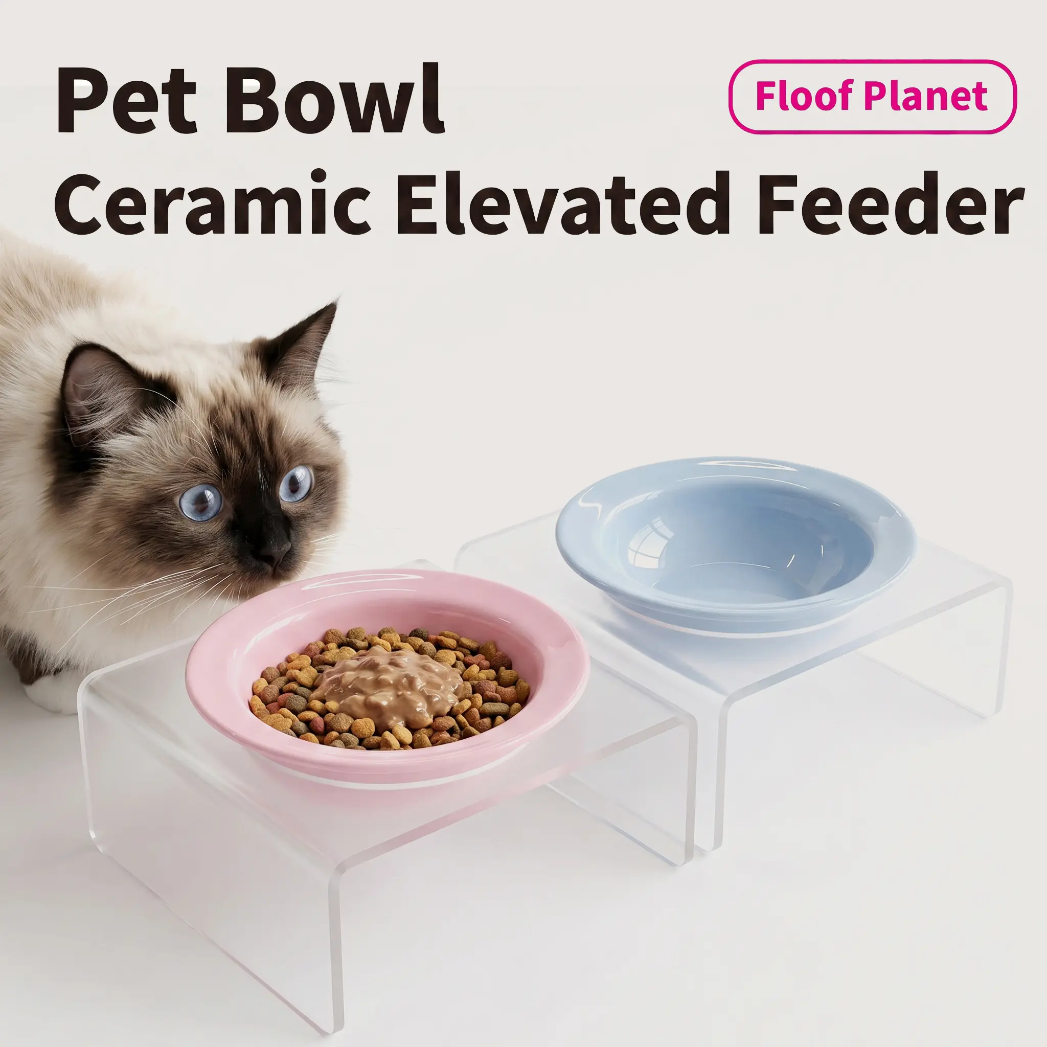 Premium Ceramic Elevated Cat Bowl with Frosted Acrylic Stand, Neck Protection Pet Feeder for Cats & Small Dogs