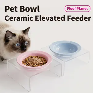 Premium Ceramic Elevated Cat Bowl with Frosted Acrylic Stand, Neck Protection Pet Feeder for Cats & Small Dogs