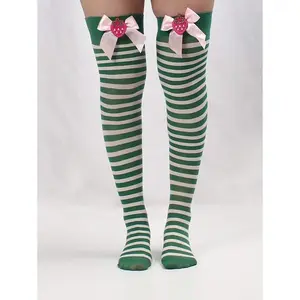 1 Pair Green & White Striped Bow Strawberry Design Over The Knee Socks For Women, Y2K