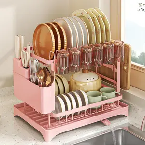 Dish Drying Rack, 1 Count Detachable Large Capacity 2 Tier Kitchen Organizer, Kitchen Storage Rack with Cutlery Holder, Cup Holder & Cutting Board Holder