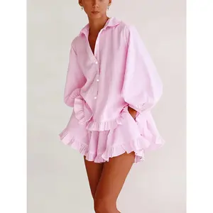 Women's Two-Piece Set Striped Bubble Sleeve Ruffle Shirt Shorts, Casual Vacation Style Clothing