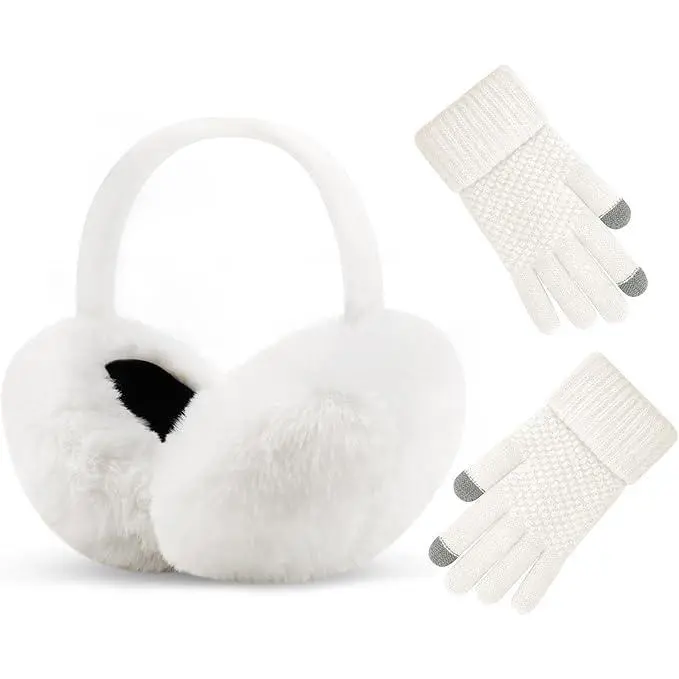 L-BN059      Winter Ear Muffs Gloves for Women Cute Foldable White Earmuffs Adjustable Ear Warmers Faux Fur Ear Covers Headband
