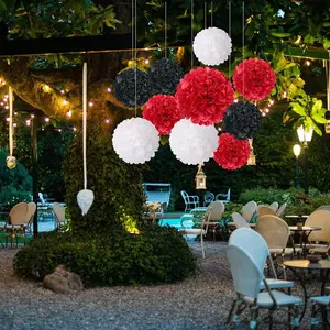 24 Pieces Tissue Pom Ball Flower Ball 8inch (about 20.3cm) and 10inch (about 25.4cm) Tissue Flower Ball Wedding Birthday Party Room Outdoor Baby Shower Decoration (Black, White and Red) Ornaments 24Pcs