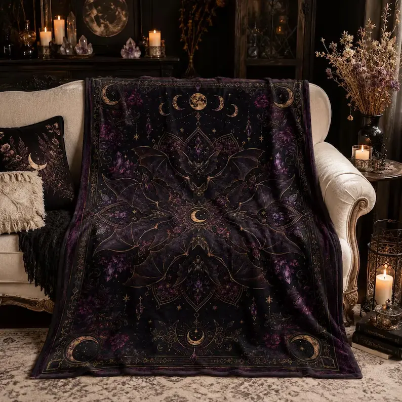 Moon Phase Bat Mandala Velveteen Plush Blanket | Gothic Celestial Decor Plush Gift Home Decor Blanket Decor Throw Blanket Birthday Anniversary Holiday Christmas Halloween