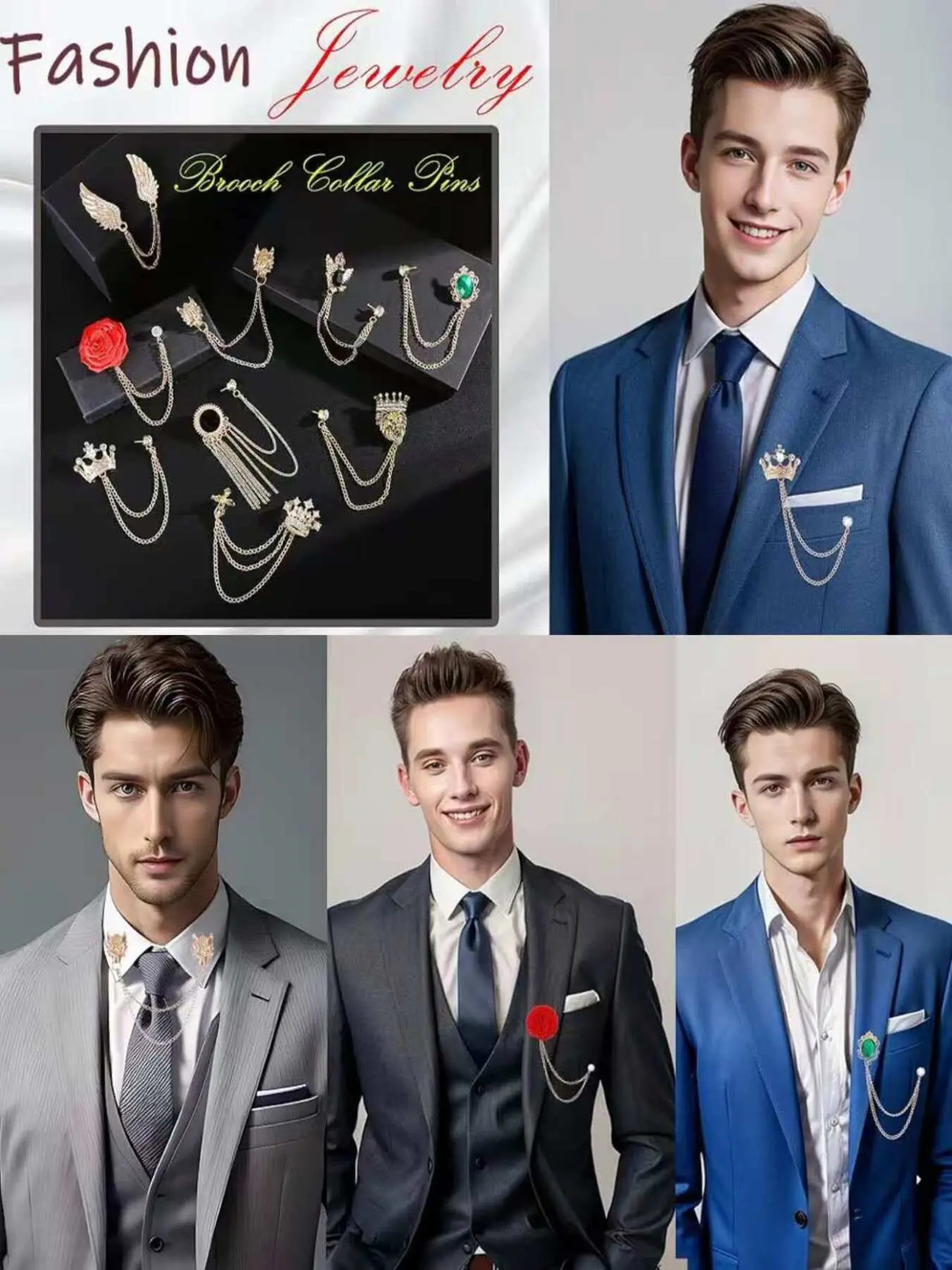 9 Pcs Chain Brooches Elegant Dazzling & Royal Style (High Quality Chain, Shiny Zircon & Multiple Designs) for Men & Women (Formal Events, Parties & Suit Styling) Jewellery Jewelry