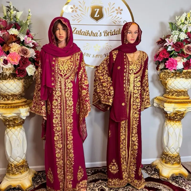 Embroidered Crystal Nikah Eid Kaftan Dress – Dark Pink & Maroon Luxury Party Wear