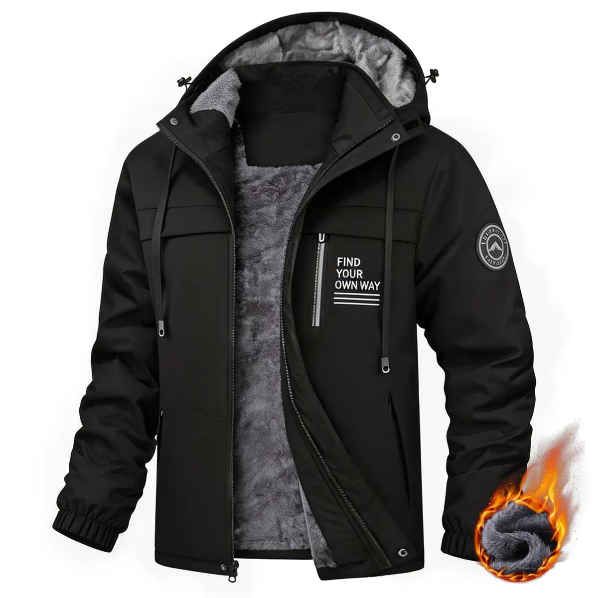 Men’s Fleece-Lined Hooded Winter Jackets - Polyester Pull-On Menswear Tops, Windproof Warm Insulated Outerwear with Adjustable Hood Drawstrings, Multiple Zippered Pockets, Elastic Cuffs, for Hiking, Cold Weather Casual Wear