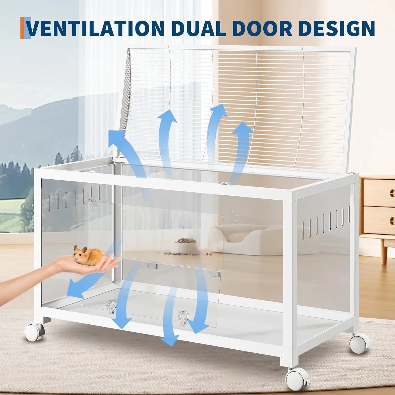 Hamster Cage with Chew-Proof Acrylic Panels - Stackable Metal Habitat for Hamsters, Gerbils & Guinea Pigs | 37.8" Spacious Design, Dual-Door Access, Universal Wheels, Easy-Clean