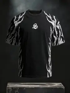 Gothic Flame Print Loose Fit Men's T-Shirt, Y2K Streetwear Hip-Hop Casual Lazy Style, Short Sleeve Daily Wear Top