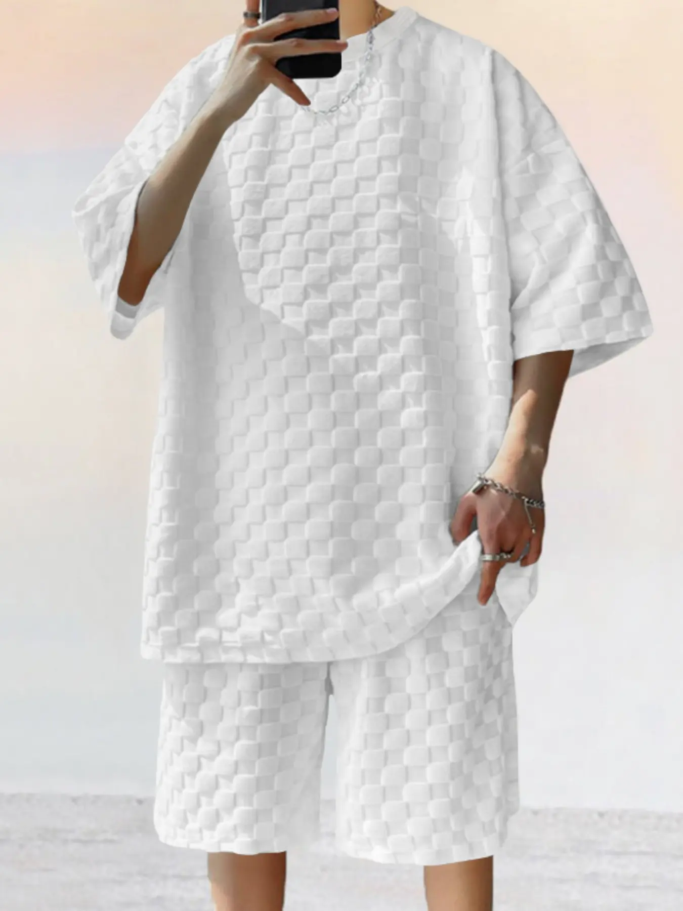 Men's Summer Towel Jacquard Plaid Shirt and Shorts Set, Casual Sportswear Two-Piece, Short Sleeve and Short Pants