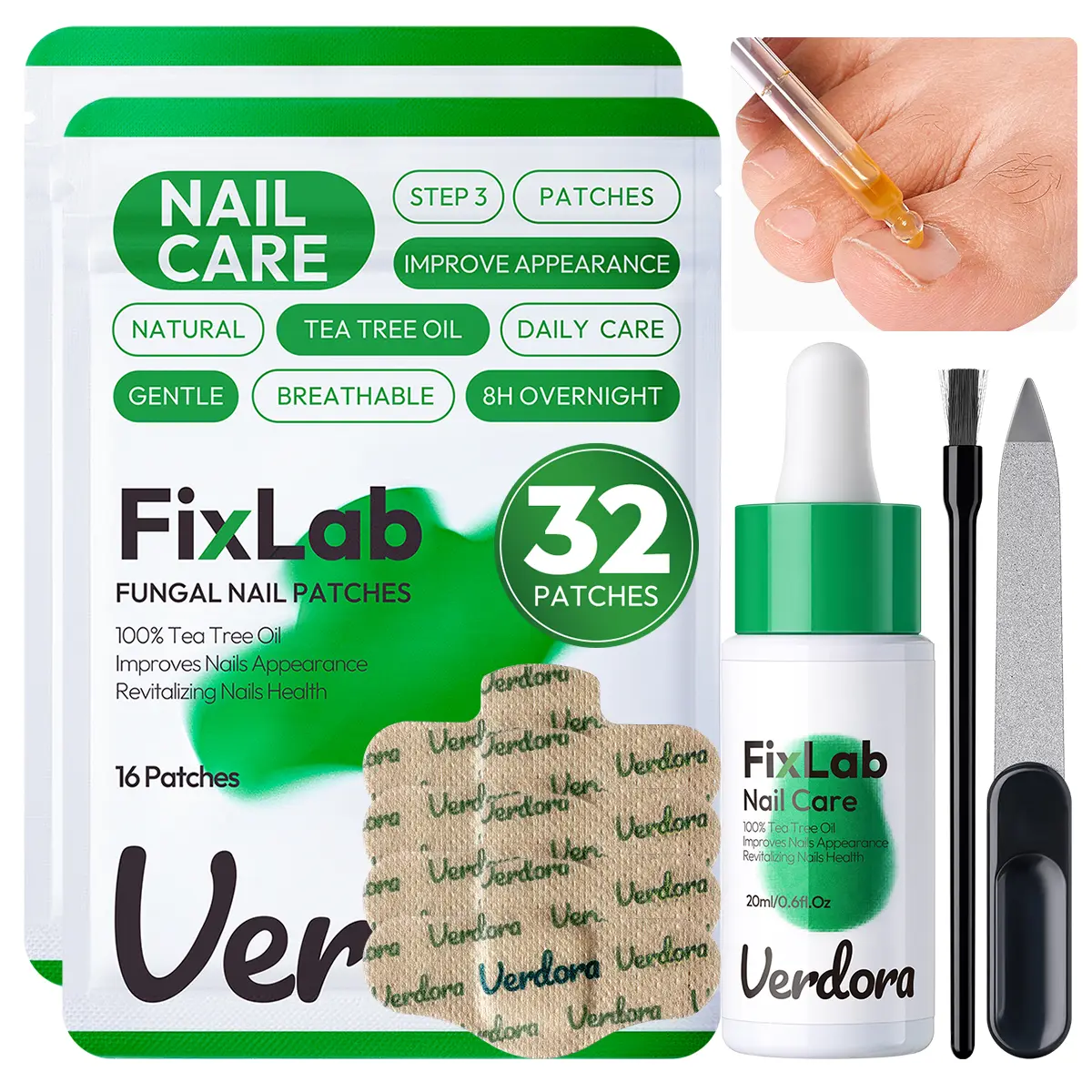 VERDORA FIXLAB 32-Piece Nail Patches & Treatment Kit with Tea Tree Oil, Extra-Strength Overnight Care, 8-Hour Moisturizing & Nourishing Benefits, for Healthy Nails & All Skin Types (Men & Women)