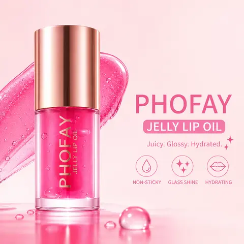PHOFAY Jelly Lip Oil + Lip Tint | Glossy Hydrating Lip Oil, Glass Shine, Moisturizing Lip Care, Lightweight, Non-Sticky, Long-Lasting (6 Shades), Lip Liner, Nourishing