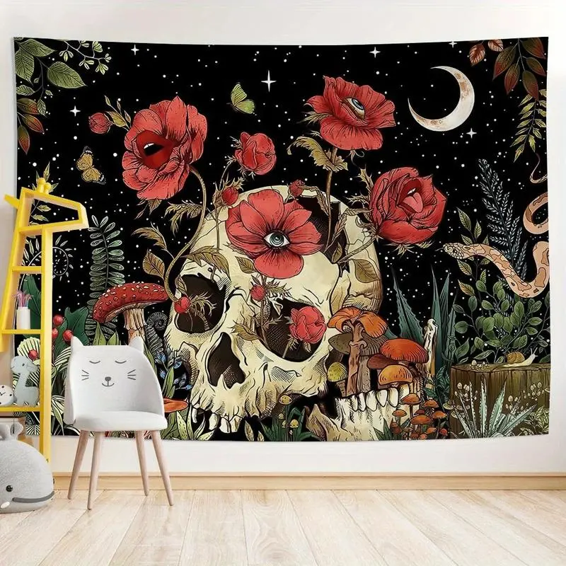 1pc Skull Tapestry - Luminous Celestial Moon Flower Fantasy Artwork, Retro Gothic Bohemian Lightweight Print, Bedroom Dorm Room Wall Decor for Living Room Mysterious Aesthetic Decoration