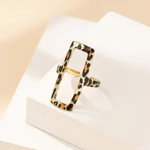 1pc Geometric Hollow Leopard Print Rectangle Metal Ring for Women, Everyday Wear