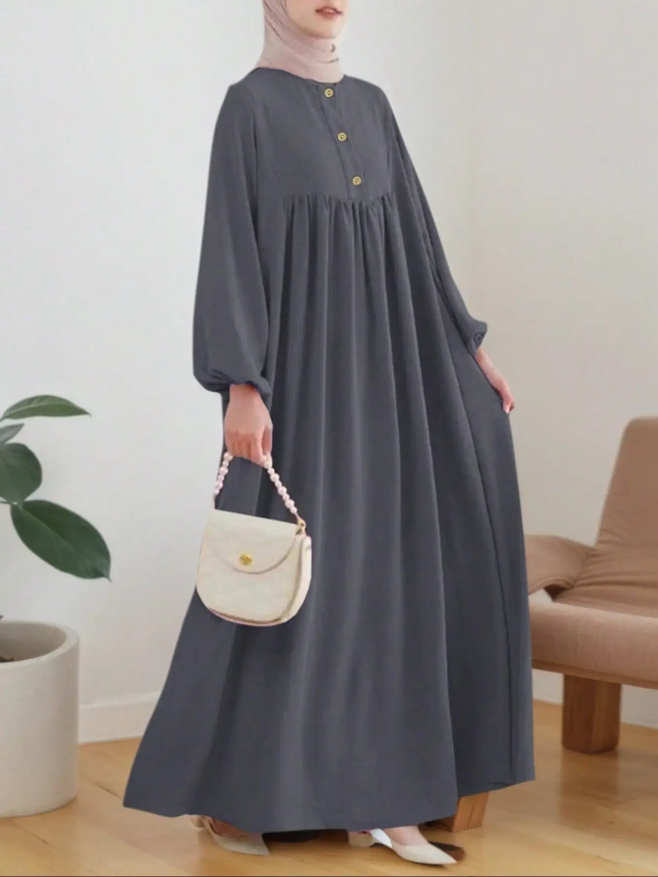 Women's Elegant Loose-Fit Lantern Sleeve Dress, Round Neck Woven Fabric, All-Season Casual Arabic Style, Fashionable Ladies' Clothing